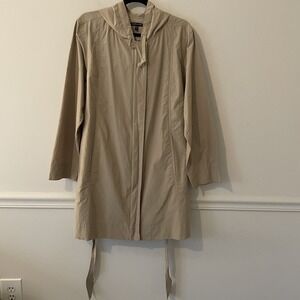 Eileen Fisher Cotton Nylon 2 Way Zip Hooded Jacket Tan Sz M Belted Classic READ